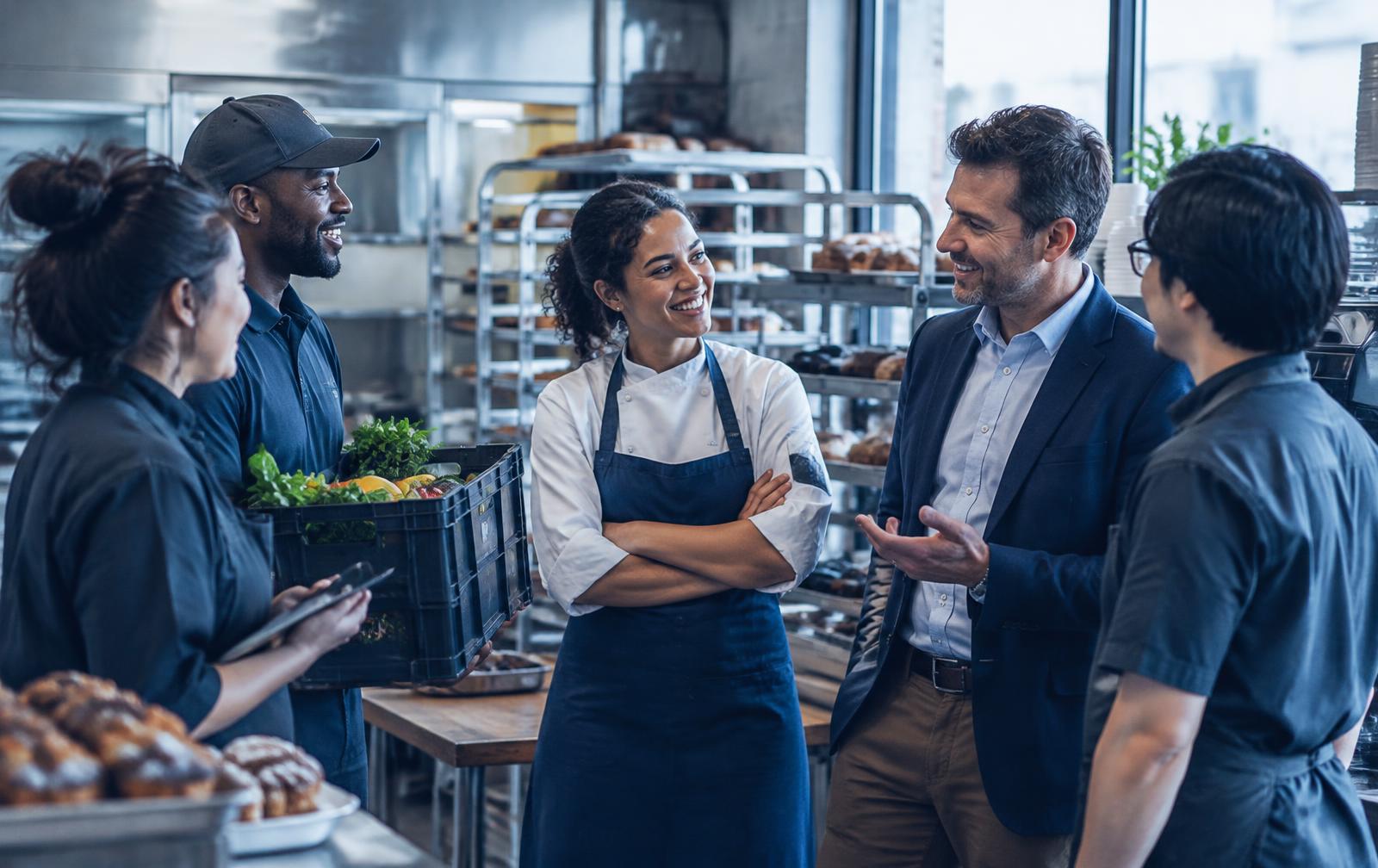 Staff, a delivery driver, and a visitor talking together in a bakery kitchen