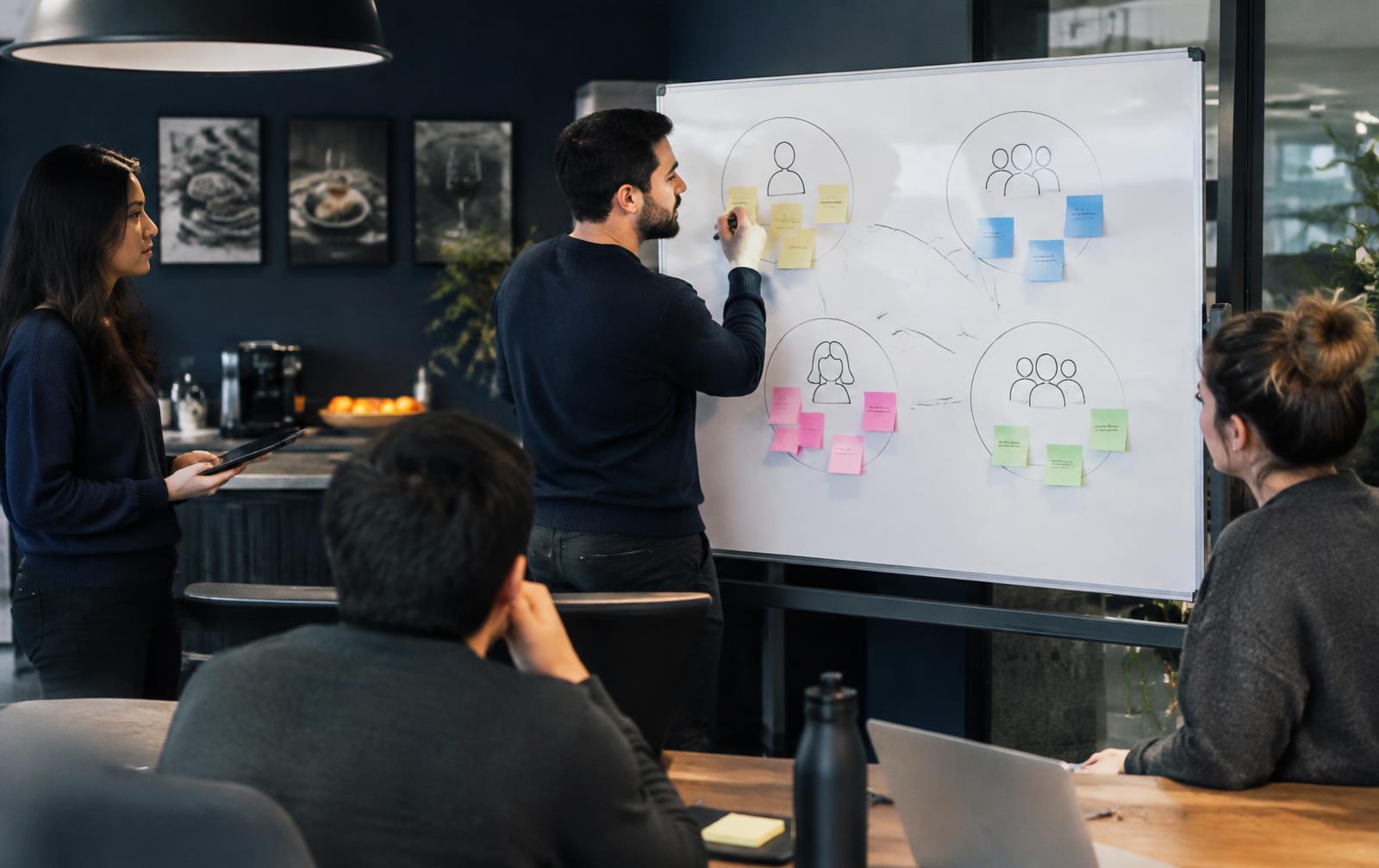 A marketing team mapping customer groups on a whiteboard