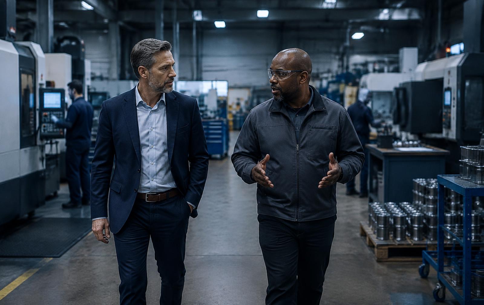 An owner and a manager walking through a production floor