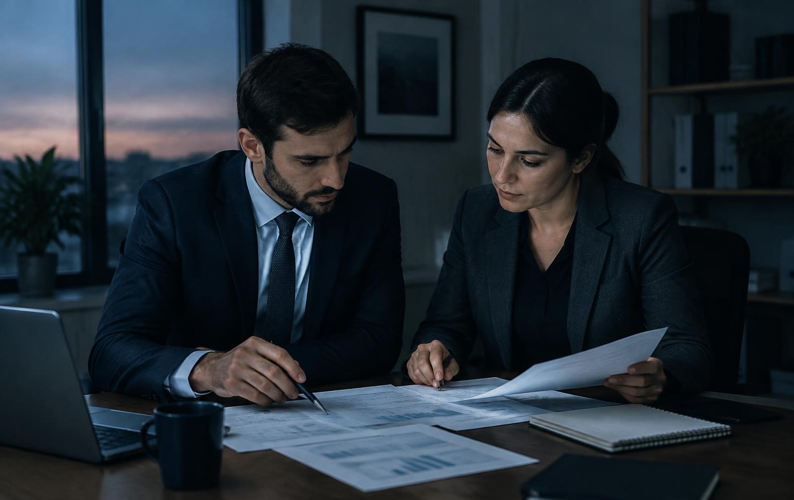 Two business partners reviewing printed plans at a desk